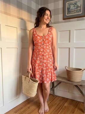 Coral Floral Button-Down Mini Dress Summer Beach Medium